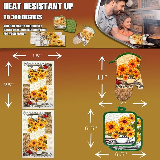 Lobyn Value Packs: Bright Sunflower 5-Piece Kitchen Set ??2 Soft Terry Dish Towels and 2 Quilted Potholders & 1 Oven Mitt for Everyday Use