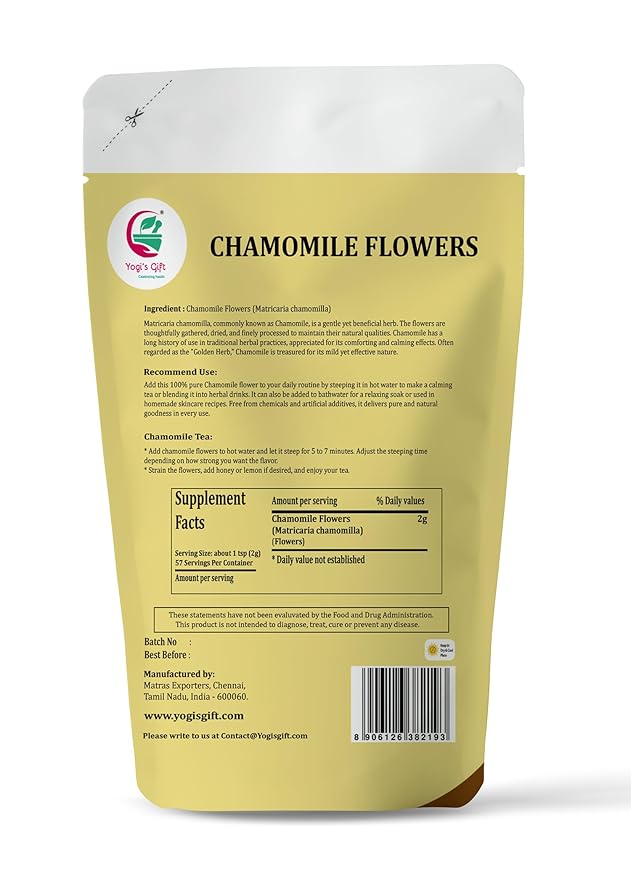 Chamomile Flowers 4 oz, 100% Natural Loose Leaf Chamomile Tea, Whole Dried Flowers for Herbal Tea, Resealable Bag for Freshness - By Yogi?셲 Gift짰