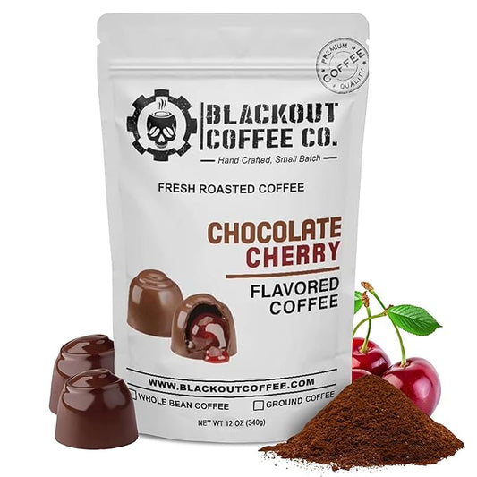 Blackout Coffee Chocolate Cherry Flavored Ground Coffee ??Medium Roast, Smooth Taste, Guilt-Free Indulgence ??Freshly Roasted 12oz Pouch, American Made