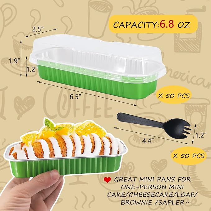 LNYZQUS 50 Pack Aluminum Baking Pans with Lids, 6.8oz Mini Loaf Pans,Rectangle Baking Tins Muffin Cups,Disposable Ramekins Mini Pans Tins Holders-Green