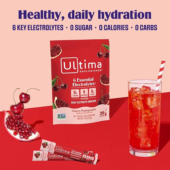 Ultima Replenisher Daily Electrolyte Powder Drink Mix ??Sugar Free ??Cherry Pomegranate, 20 Stickpacks ??Hydration Packets with 6 Electrolytes and Minerals ??Keto Friendly, Vegan, Non-GMO