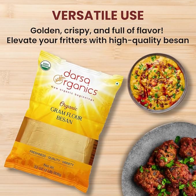 Darsa Organics Gram Flour - 2 lb Besan, Premium Grade USDA Organic Certified Chickpea Flour for Baking, Cooking & Skin Care, Chemical Free, Non-GMO, Vegan, Kosher, Ideal for Gluten Free Diets & Face Masks