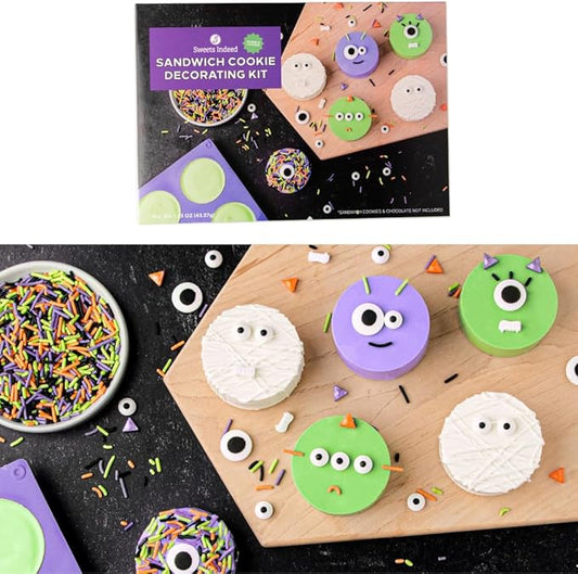 Sweets Indeed Sandwich Cookie Decorating Kit ??Halloween DIY Set with Oreo Mold, Spooky Sprinkles, Candy Eyeballs, Monster Teeth & Piping Bags