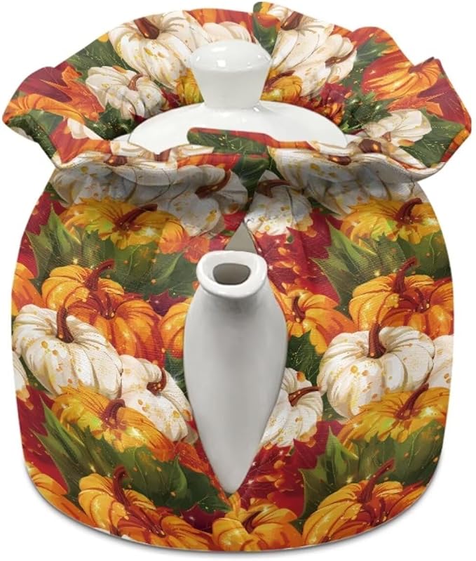 Pumpkin Tea Cozy for Teapot Insulated for Halloween Day Dust Proof Tea Pot Cozy for Keeping Warm,Resuable Teapot Insulation Cover with Drawstring,Soft & Washable