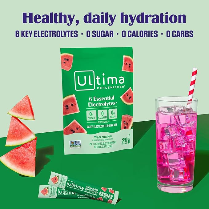 Ultima Replenisher Daily Electrolyte Powder Drink Mix ??Sugar Free ??Watermelon, 20 Stickpacks ??Hydration Packets with 6 Electrolytes and Trace Minerals ??Keto Friendly, Vegan, Non-GMO