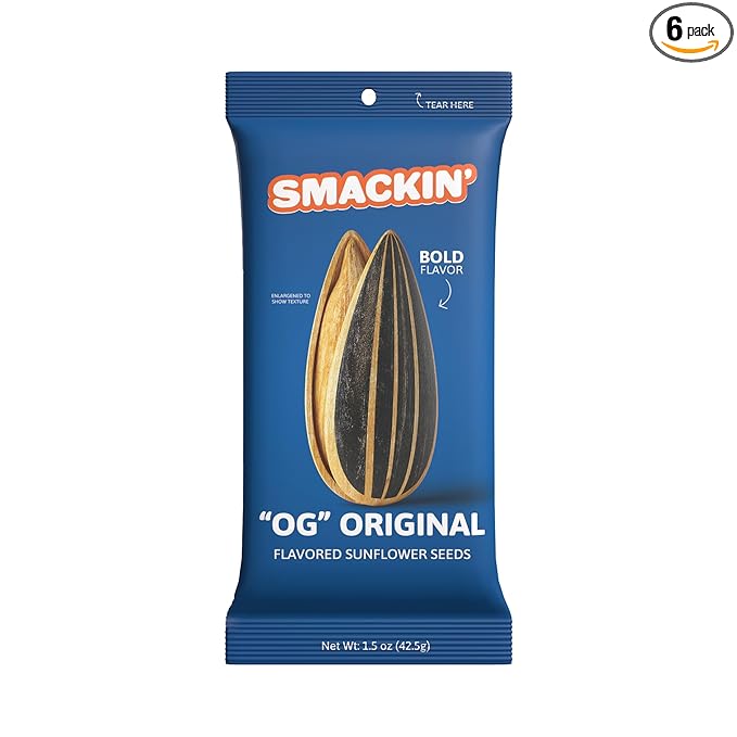 SMACKIN' Sunflower Seeds, Roasted Jumbo Small-Batch, American Made - Original. 1.5oz bags (6 Pack)