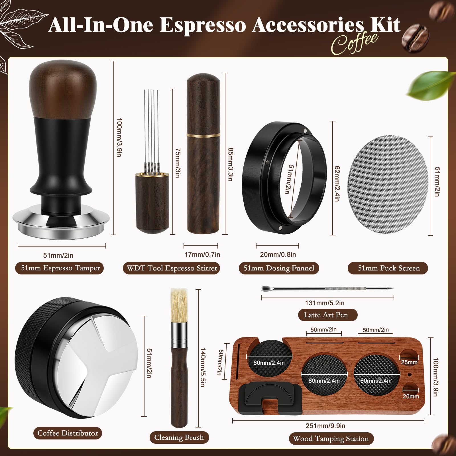 YUNGOO 8 PCS Espresso Accessories Kit, 51mm Espresso Tamper Kit Coffee Tamper Set with Coffee