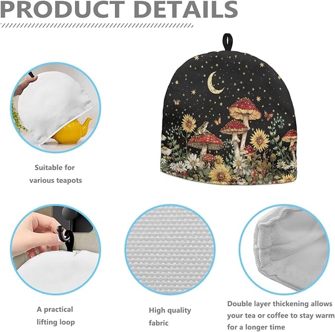 Mushrooms Moon Tea Cozy for Teapot Christmas Tea Cosy Dome Teapot Cover with Handle Dust Cover Kitchen Kettle Dust Cover Can Hung and Folded Decorative Kitchen for Easter竊뉰lack竊?"<div>