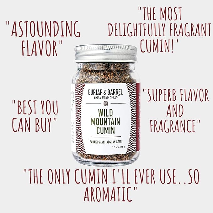 Burlap & Barrel Wild Mountain Cumin ??Savory, Aromatic, and Bright Umami Flavor ??Whole & Ground Cumin Seeds ??As Seen On Shark Tank - 1.8oz Glass Jar