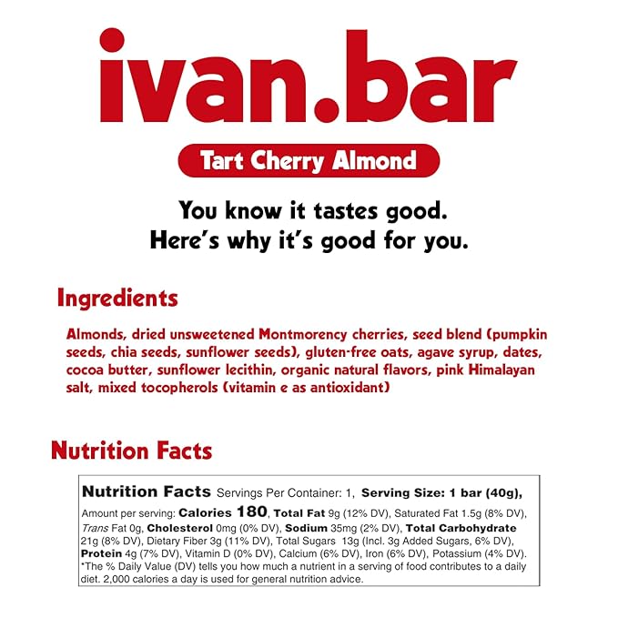 Protein Packed Energy Snack Bar | Provides Healthy Energy | Vegan, All Natural Ingredients | Soy, Dairy & Gluten Free (1.4 Ounce (Pack of 15 Bars), Tart Cherry)