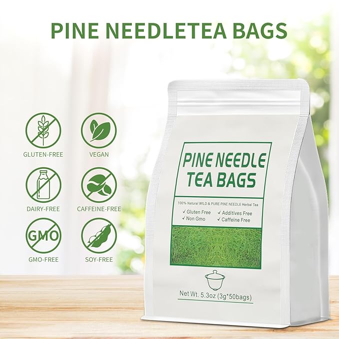 Pine Needle Tea Bags 3g X 50 Bags 5.3 oz Natural Wild & Pure Pine Needle Herbal Tea, Gluten Free,Caffeine Free, Non-GMO