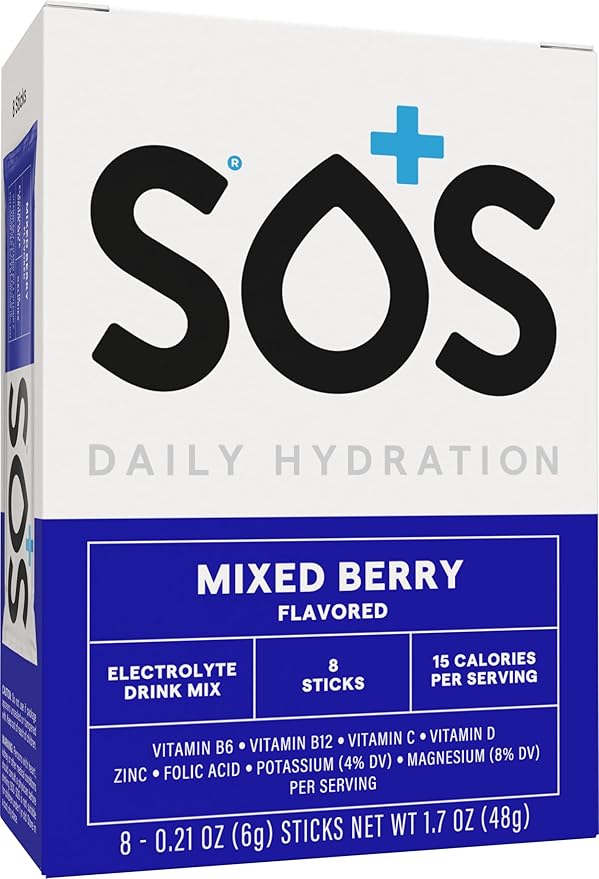 SOS Hydration Electrolyte Powder 8 Stick Packs ??Low-Calorie, Rapid Rehydration, Made in USA, Keto (8 Servings, Mixed Berry)