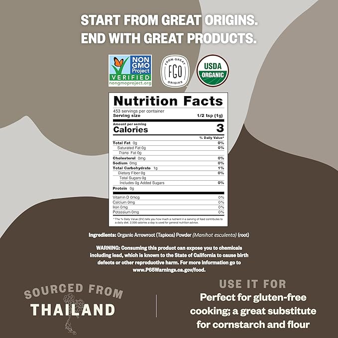 FGO Organic Arrowroot Powder, 16oz (1 Pound), USDA Organic, Non-GMO Natural Thickener, Gluten-Free, Dairy-Free, Flour or Corn starch Substitute