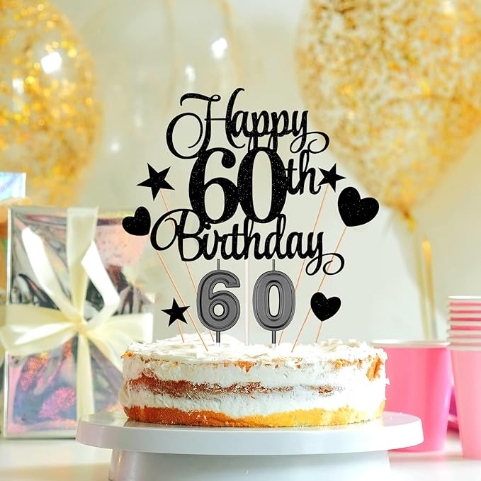 60th Birthday Cake Decorations Set Include 60th Birthday Candles Numeral 60 Cake Candles and Happy 60th Birthday Cake Toppers with Heart Star Cupcake Picks for Birthday Party (Black Series)