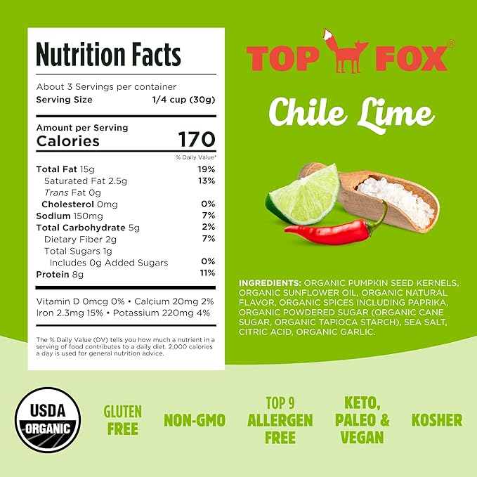Top Fox Snacks Pumpkin Seeds to Eat (Chile Lime, 3.5 oz – 6 Pack) - Gluten Free Snacks, Healthy Protein Snacks, Keto Friendly Snacks, Allergen Free Snacks, Paleo & Vegan - Organic Pop-Roasted