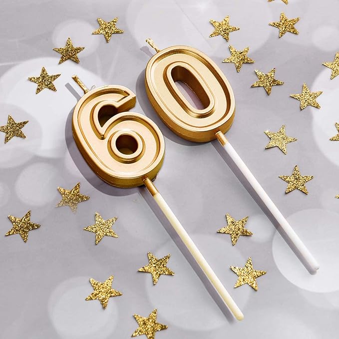 60th Birthday Cake Decorations Set Include 60th Birthday Candles Numeral 60 Cake Candles and Happy 60th Birthday Cake Toppers with Heart Star Cupcake Picks for Birthday Party (Gold Series)