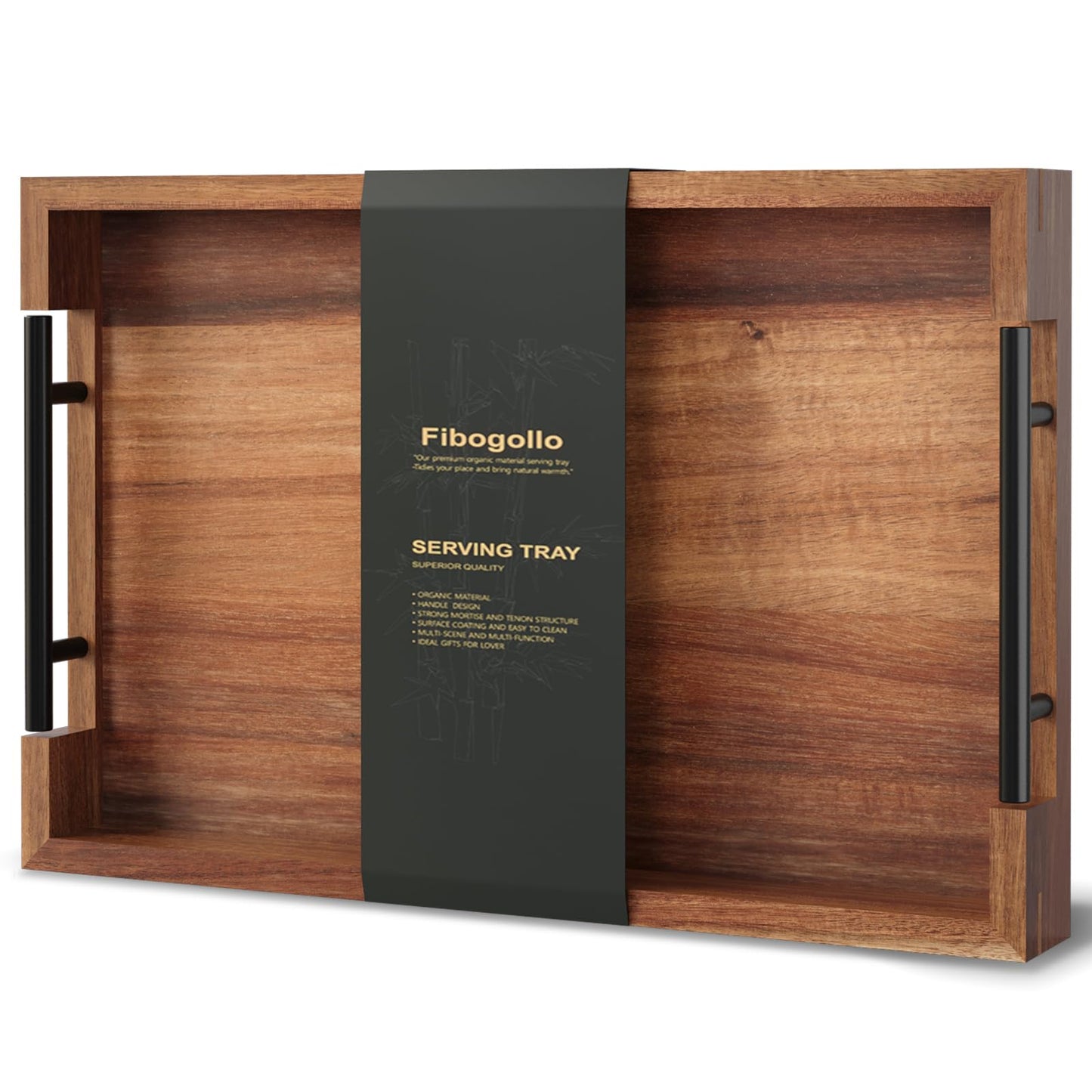 Fibogollo Acacia Wood Serving Tray with Metal Handles,15x10in Ottoman Decorative Trays Platter for