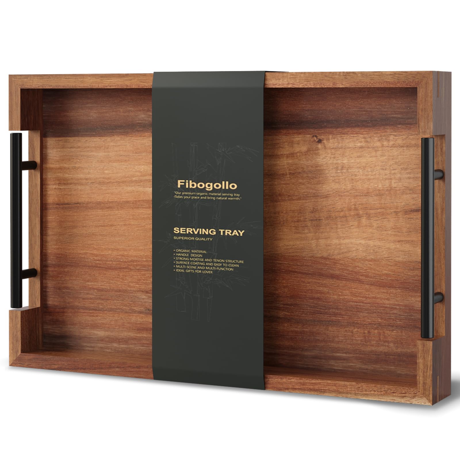 Fibogollo Acacia Wood Serving Tray with Metal Handles,15x10in Ottoman Decorative Trays Platter for