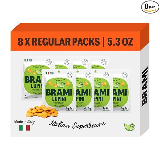 BRAMI Lupini Beans Snack, Chili & Lime | 7g Plant Protein, 0g Net Carbs | Vegan, Vegetarian, Keto, Plant Based, Mediterranean Diet, Non Perishable | 5.3 Ounce (Pack of 8)