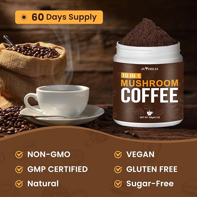 JUYIHEAL Mushroom Coffee, 10 in1 Mushroom Powder Coffee with Lions Mane, Chaga, Reishi, Cordyceps, Maitake, Shiitake, and Turkey Tail for Energy, Focus, Immune Support, 180g