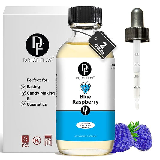 Dolce Flav Blue Raspberry Extract ??2 Ounce Oil-Soluble Kosher, Sugar-Free, Concentrated Blue Raspberry Flavoring for Baking, Chocolates & Desserts, Includes Measured Dropper