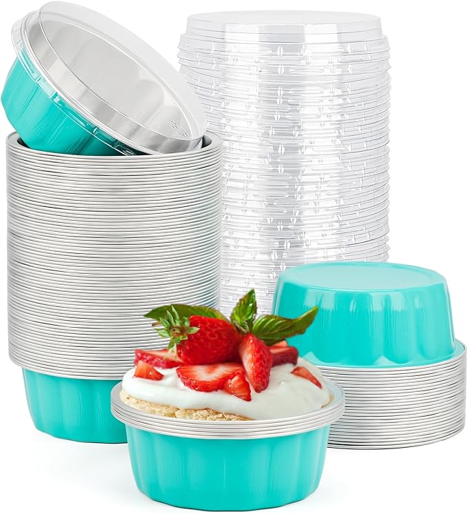 Beasea Aluminum Foil Baking Cups with Lids, 8oz 100 Pack Disposable, Blue, Perfect for Wedding, Birthday, and Other Occasions