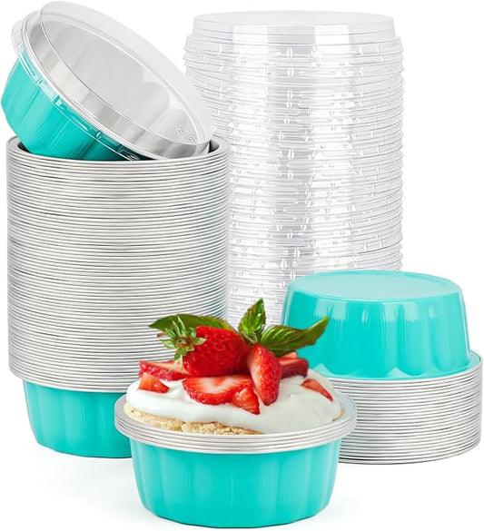 Beasea Aluminum Foil Baking Cups with Lids, 8oz 100 Pack Disposable, Blue, Perfect for Wedding, Birthday, and Other Occasions