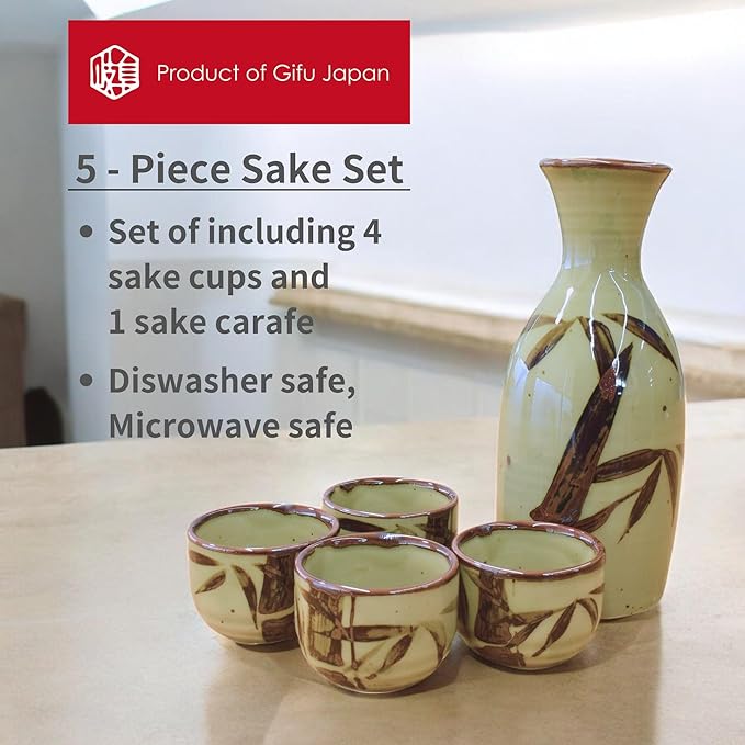Product of Gifu Japan Japanese Sake Set, 1 Tokkuri Bottle Carafe and 4 Ochoko Cups Ceramic Sake Glasses, 5 Piece Set, Green Mashikodake