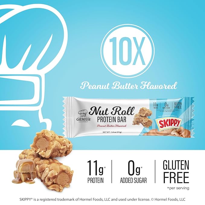 Genius Gourmet SKIPPY Peanut Butter Flavor Inspired Protein Nut Roll Bar,11g Protein per serving(18% DV), 0g Added Sugar, Carb Conscious Snack Bar, Gluten Free ??10 Count