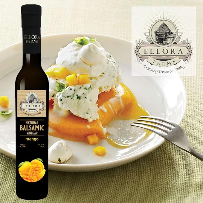 Ellora Farms, Mango fruit Infused Greek Balsamic Vinegar, thick and creamy, no-added sugars, no-preservatives, 8.45 oz. bottle, Pack of 1
