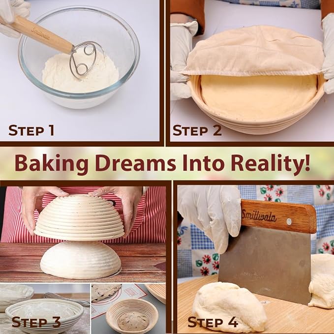 Set of 2 Banneton Bread Proofing Basket with linen Liner, 9" Round & 10" Oval bread basket with 9 Essential Bread Making Tools ??Rattan Sourdough Banneton Basket Kit for Baking Enthusiasts