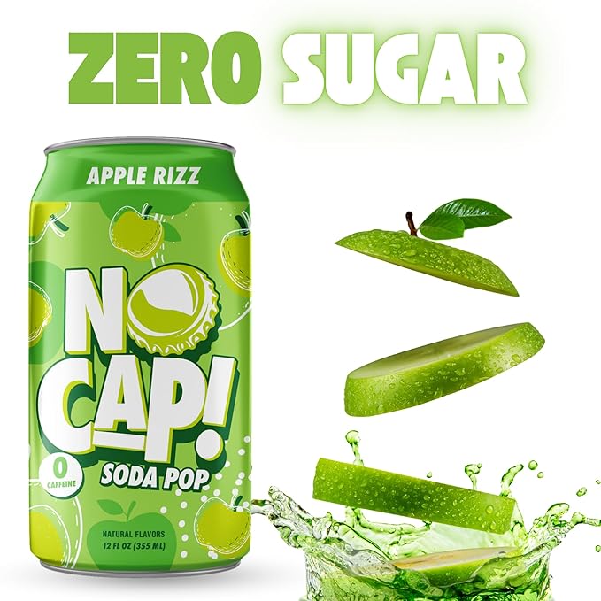 No Cap! Healthy Soda, Zero Sugar Soda Pop Drink, Zero Calories | Caffeine Free, Vegan, Gluten Free, For Kids & Adults 12 Oz, 12 Pack (Apple Rizz)
