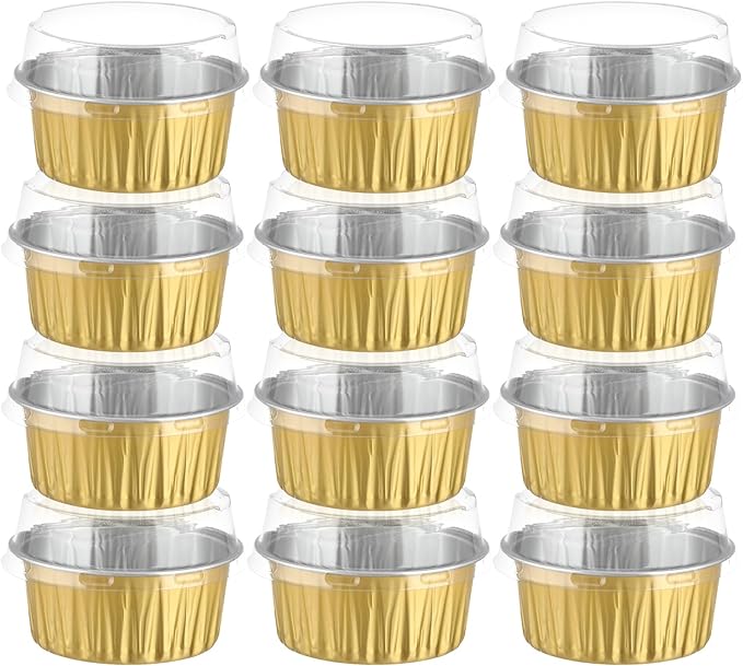 200Pack 5oz Gold Mini Cake Pans with Lids and Spoons Baking Cups Aluminum Foil Tins, Individual Round Dessert Cups Containers for Sales,Party,Picnics