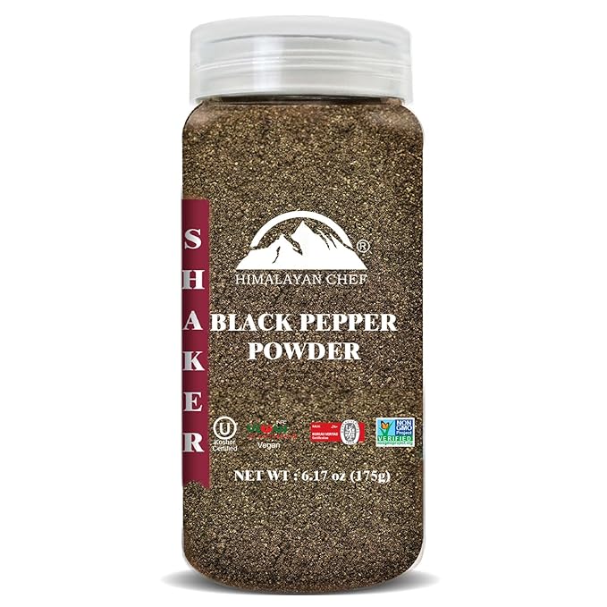 Himalayan Chef Organic Black Pepper Powder Shaker - 6.17Oz (175g), Free from Artificial Colors & Additives, Non GMO & Kosher Certified, Black Pepper Shaker