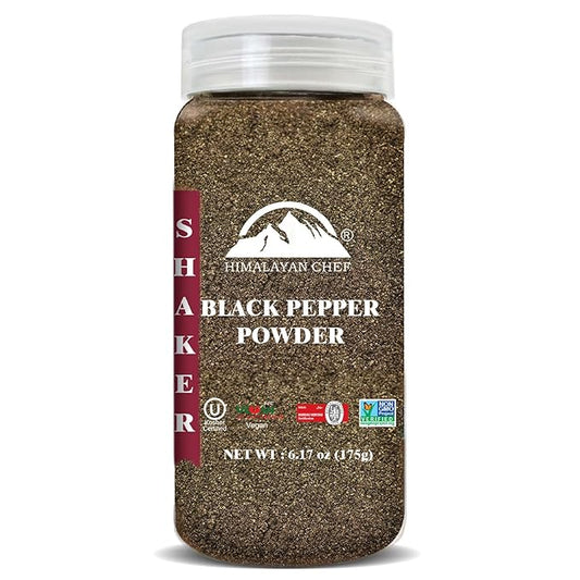 Himalayan Chef Organic Black Pepper Powder Shaker - 6.17Oz (175g), Free from Artificial Colors & Additives, Non GMO & Kosher Certified, Black Pepper Shaker