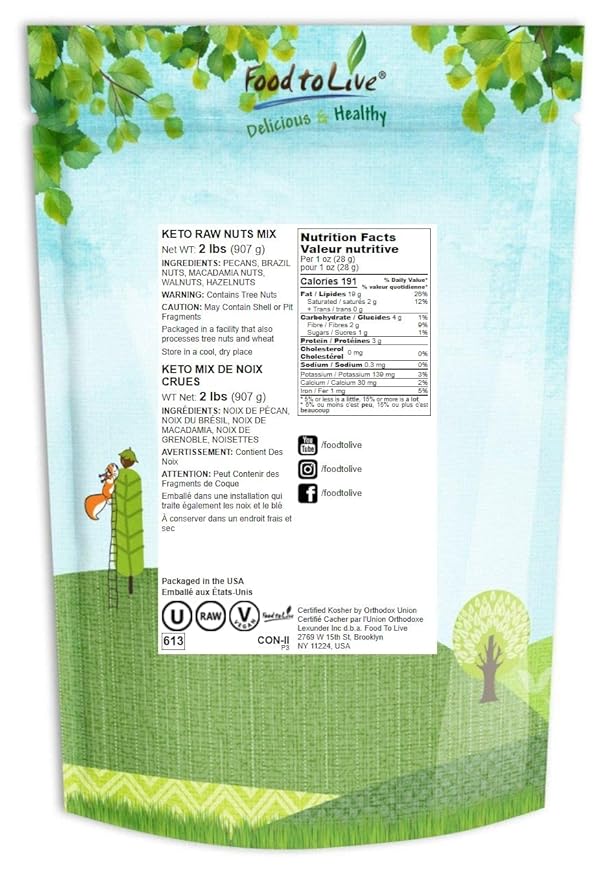 Food to Live Keto Nuts Mix, 2 Pounds ??Keto Snack Contains Raw Brazil Nuts, Pecans, Walnuts, Hazelnuts and Macadamia Nuts, Low Carb Vegan Superfood, Kosher, Non-Irradiated, No Added Sugar, Bulk