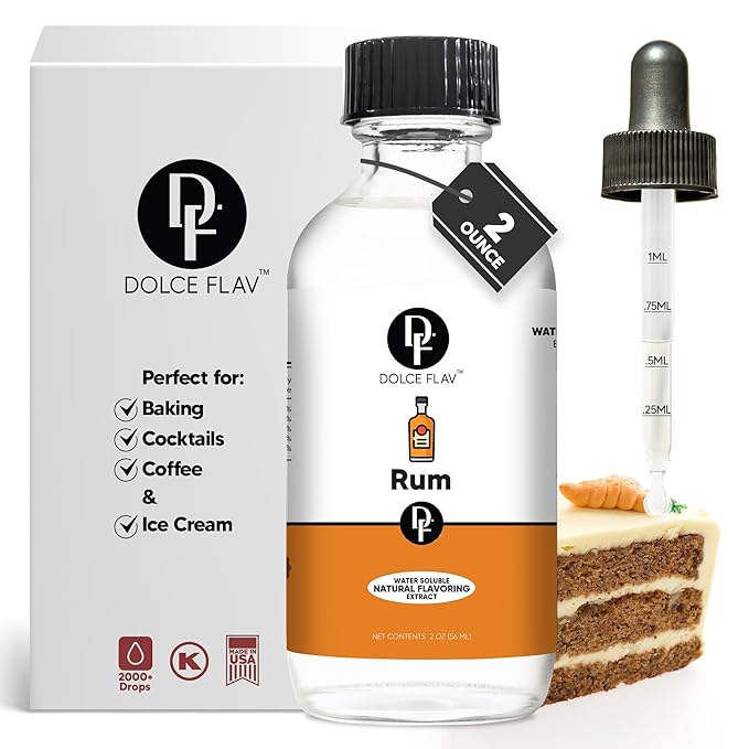 Dolce Flav Natural Rum Extract ??2 Ounce Water-Soluble Kosher, Sugar-Free, Concentrated Dark Rum Flavoring for Baking, Cocktails & Desserts, Includes Measured Dropper