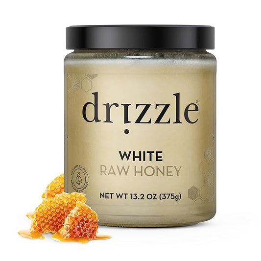 Drizzle White Raw Honey - All Natural Pure Raw Honey, Unfiltered & Unheated, Use in Tea & Coffee, Sugar Substitute, Certified Kosher - 13.2 oz Jar (375 g)