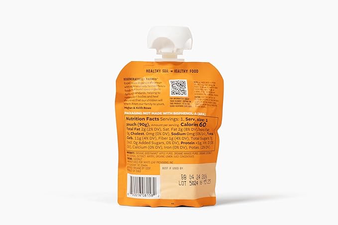 White Leaf Provisions Organic Mango & Coconut Applesauce ??Regeneratively Farmed, No Added Sugar, Kosher, USDA, GMO & BPA free 3.2oz Pouches (Pack of 24)