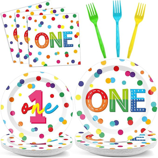 96pcs Rainbow 1st Birthday Plates and Napkins Confetti Happy Birthday Party Decorations with Polka Dot Confetti Dessert Plates Colorful 1st Tableware for 24 Guests 1 Year Old Party Supplies