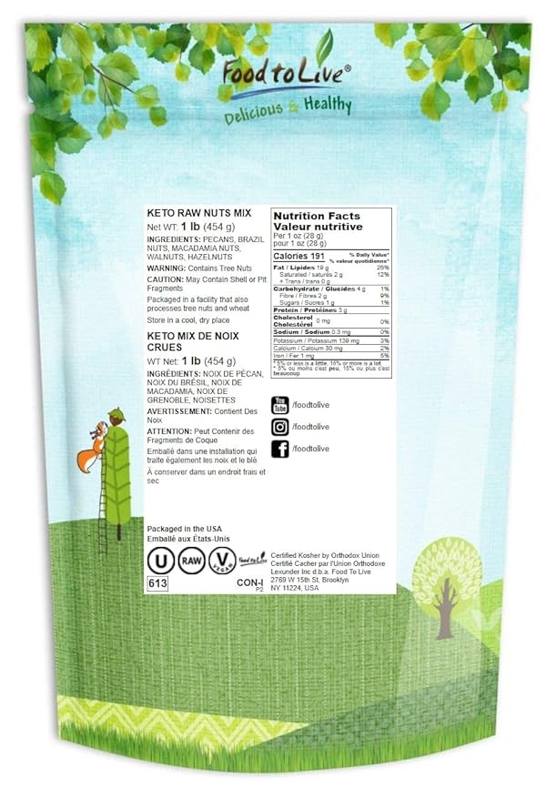 Food to Live Keto Nuts Mix, 1 Pound ??Keto Snack Contains Raw Brazil Nuts, Pecans, Walnuts, Hazelnuts and Macadamia Nuts, Low Carb Vegan Superfood, Kosher, Non-Irradiated, No Added Sugar, Bulk