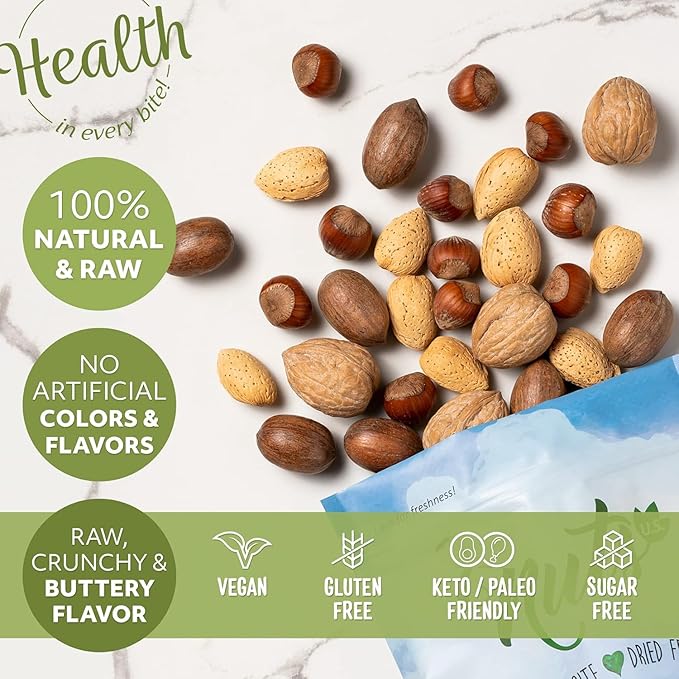 NUTS U.S. ??Mixed Nuts In Shell (Almonds, Walnuts, Hazelnuts, Pecans) | No Added Colors and No Artificial Flavors | Fresh Buttery Taste and Raw |Packed In Resealable Bags (1 LB)
