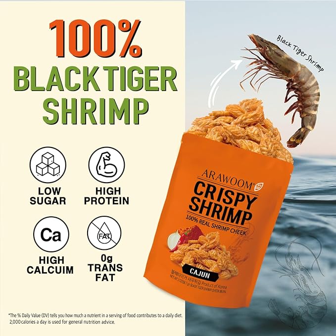 ARAWOOM - 100% Real Black Tiger Shrimp Head Crisps, Cajun Pack [2oz, Pack of 3], Crispy Seafood Snack, High-Protein Crunch, Crunchy On-the-Go Treat