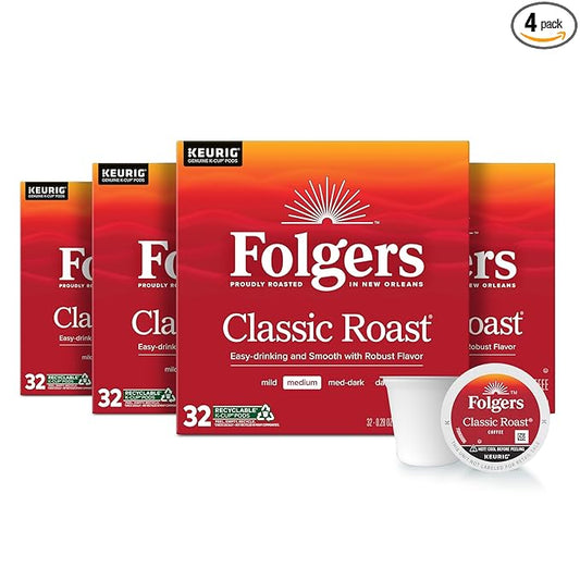 Folgers Classic Roast Medium Roast Coffee, 128 Keurig K-Cup Pods