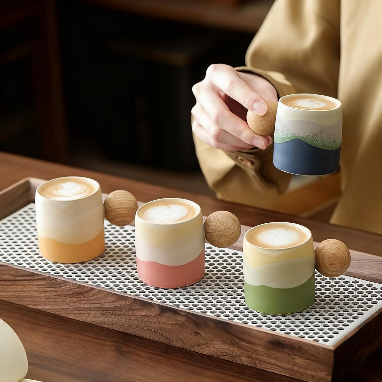 ZPGXLRZ 2.4oz Ceramic Espresso Cups Set of 4, Small Coffee Cups with Wooden Handle, Gradient Color