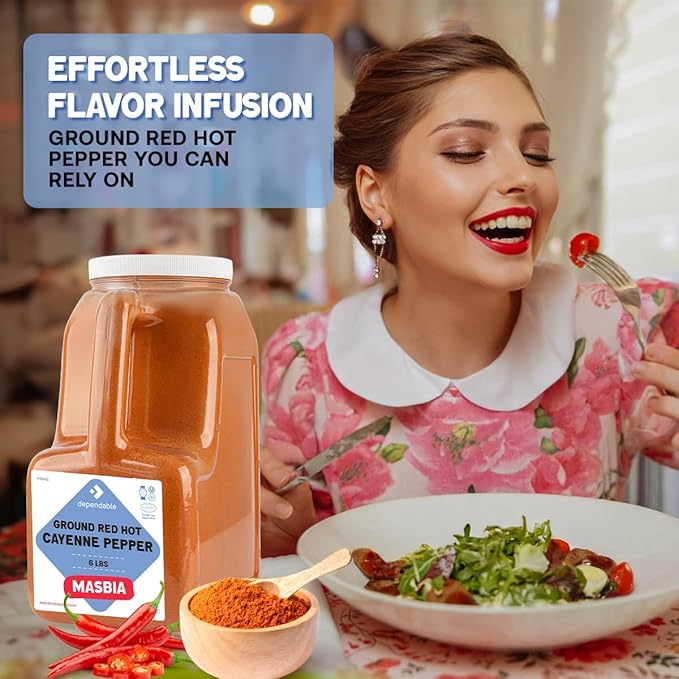 Dependable Food Ground Red Pepper | 6 Lb. Jar | 40,000 SHU Heat | Bulk, Kosher Cayenne Pepper Seasoning for Chefs, Restaurants, and Culinary Enthusiasts - 100% Pure Red Pepper Powder - Non-GMO - Adds Fiery and Spicy Kick to Dishes - Allergen Free