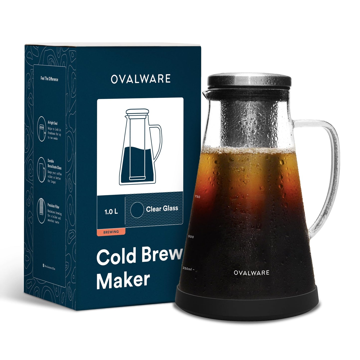 OVALWARE Airtight Cold Brew Iced Coffee Maker Pitcher and Tea Infuser with Spout - 1.0L / 34oz