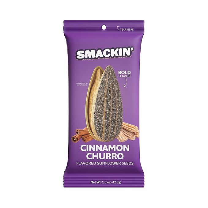 SMACKIN' Sunflower Seeds, Roasted Jumbo Small-Batch, American Made - Cinnamon Churro. 1.5oz bags (36 Pack)