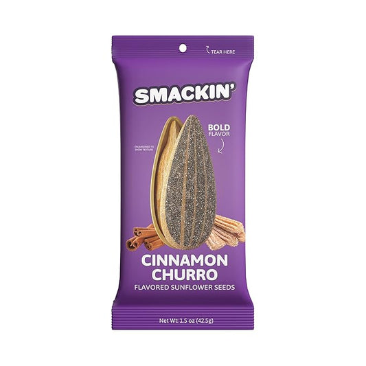 SMACKIN' Sunflower Seeds, Roasted Jumbo Small-Batch, American Made - Cinnamon Churro. 1.5oz bags (36 Pack)