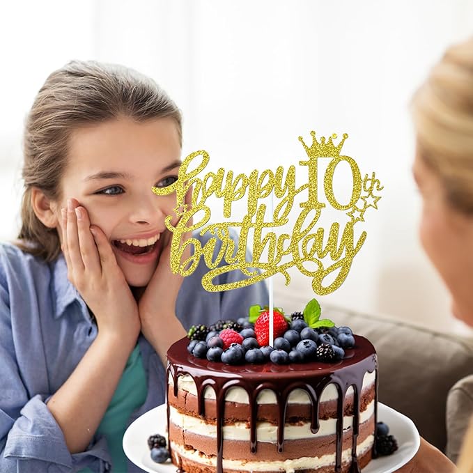 10th Happy Birthday Cake Topper, Glitter Happy 10th Birthday Cake Topper for Birthday Party Cake Decoration(Gold)